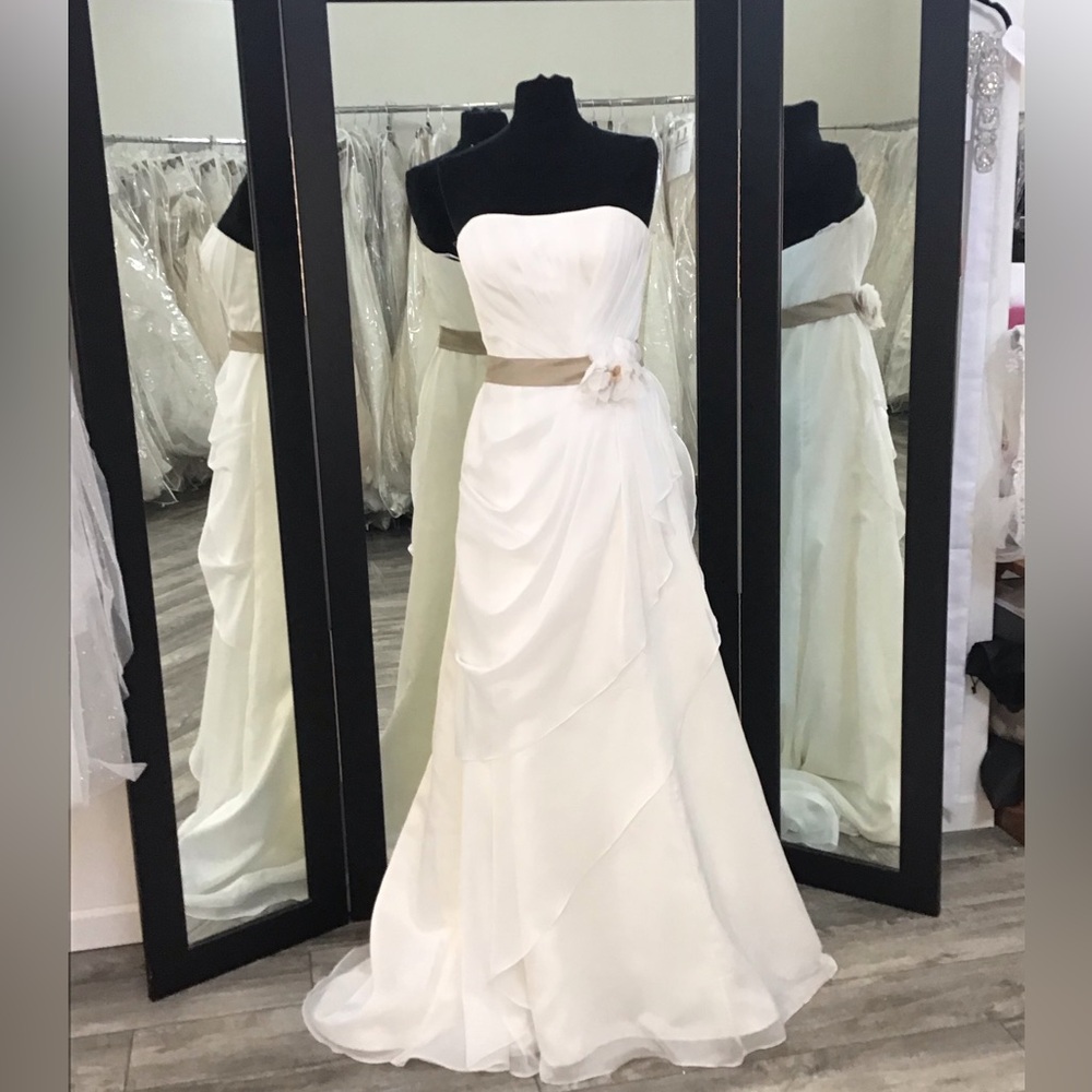 Ivory Strapless A-Line Wedding Gown with Taupe Sash